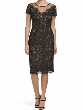 Black Lace Cocktail Dress Sheath Gown Evening Wear Cap Sleeve Knee Length Size 6
